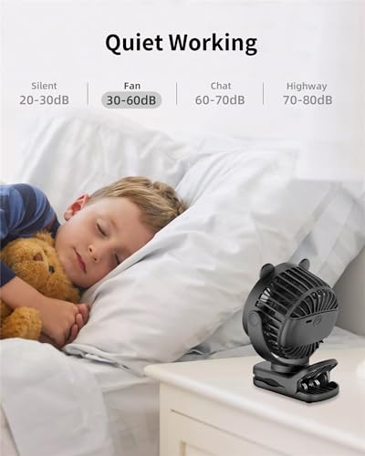 GOTOTO Clip on Fan, Rechargeable Portable Personal Small Fan with 2000mAh Battery Operated, Powerful Clip Design, 3 Wind Speed, 360° Rotation, Ultra-Low Noise Level for Travel - color: BLACK
