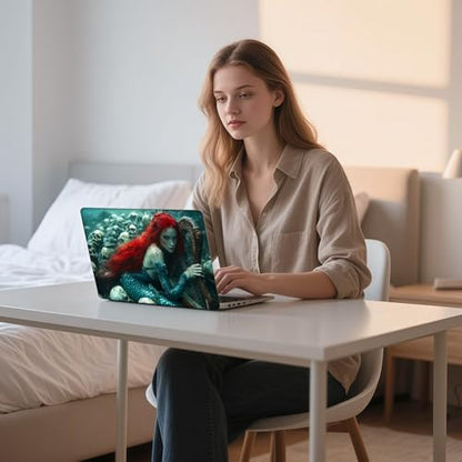 Aesthetic Laptop Skin Sticker, Red Haired Mermaid with Harp and Skulls Waterproof Vinyl Laptop Decal, Removable Bubble Free, Reusable Protective Cover for 13 14 15 15.6 Inch - color: Red Haired Mermaid with Harp and Skulls