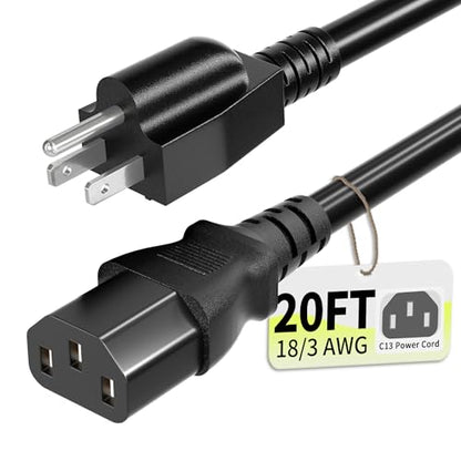 Vockjour Universal 20ft(6m) Power Cord, 3-Prong Pure Copper ETL, Black | 10 Amps 125 Volts NEMA 5-15P to C13 AC Cable for TV Monitor PC Printer PlayStation Samsung Dell HP Sony LG Apple Vizio Asus - size: 20FT
