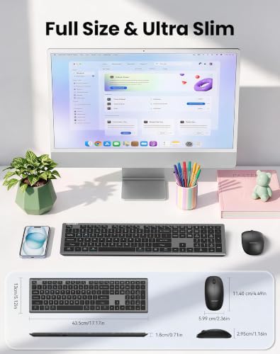 TECKNET 2.4G Rechargeable Ultra-Slim Wireless Keyboard and Mouse Combo | 2.4G Stable Connection, Full-Size Scissor Switch Keyboard with 12 Multimedia Keys, Silent Mouse, Ergonomic Design, Grey - color: Gray