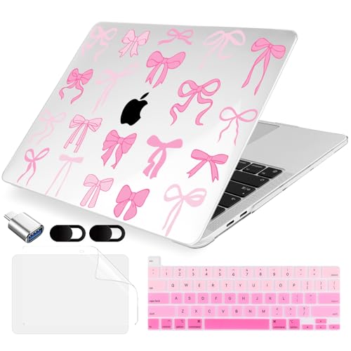 MecBevia Compatible with MacBook Pro 13 inch Case 2022 2021 2020 Release M2 M1 A2338 A2251 A2289, Plastic Hard Shell&Keyboard Cover&Screen Protector&Webcam Cover&Type-C Adapter, Pink Bows - color: Pink Bows