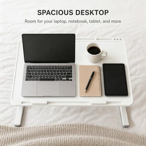 Foldable and Adjustable Laptop Bed Table with Hidden Drawer, Cup Holder, USB Voice-Controlled Night Light, White 23.6"x15.7", Suitable for Working, Gaming, and Other uses on Bed and Sofa - color: White