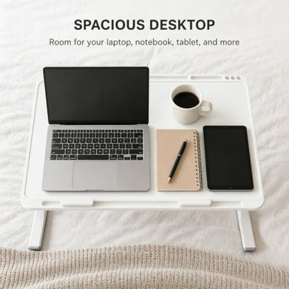 Foldable and Adjustable Laptop Bed Table with Hidden Drawer, Cup Holder, USB Voice-Controlled Night Light, White 23.6"x15.7", Suitable for Working, Gaming, and Other uses on Bed and Sofa - color: White