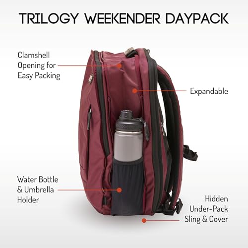 Trilogy Weekender Daypack I Opens like a suitcase, for easy packing. Expands into a 22-liter weekender. Hidden under-bag sling holds yoga mat, sleeping bag, and doubles as a rear cover (Zinfandel) - color: Red