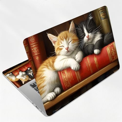 Library Cats Nap Universal Laptop Skin Sticker 3PCS, Protective Decal Trim-to-Fit 11.6" 13.3" 14" 15.6" Laptop Vinyl Cover, Removable Anti-Scratch Computer Decal Protector - color: Library Cats Nap