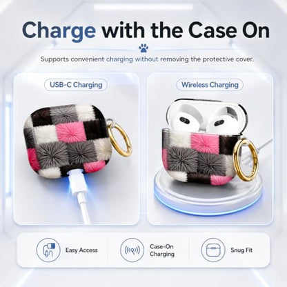 Compatible with AirPod 4 Case 2024, Cute Hard Plastic Protective Cover for Airpod 4th Generation Women, Shockproof Shell Skin with Gold Ring Keychain,Black White Gray Checkered - color: Black White Gray Checkered