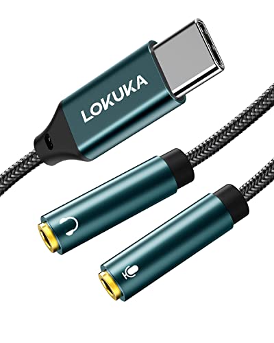 USB C to 2 TRS 3.5mm Headphone Mic Splitter Adapter, (4 Feet) Built-in Hi-Res DAC Chip for Dual-Plug PC Gaming Headset to Type-C Laptop, Tablet, Mobile Phone, PS5, and More - color: Green, size: 4 FT