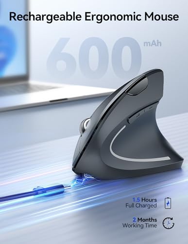 TECKNET Wireless Ergonomic Mouse, Rechargeable Wireless Vertical Mouse | Rechargeable Mouse Gray, 2.4GHz USB Receiver, Silent Click, 6 Adjustable DPI up to 4800, 6 Buttons for Laptop, PC & MacBook - color: Light Gray
