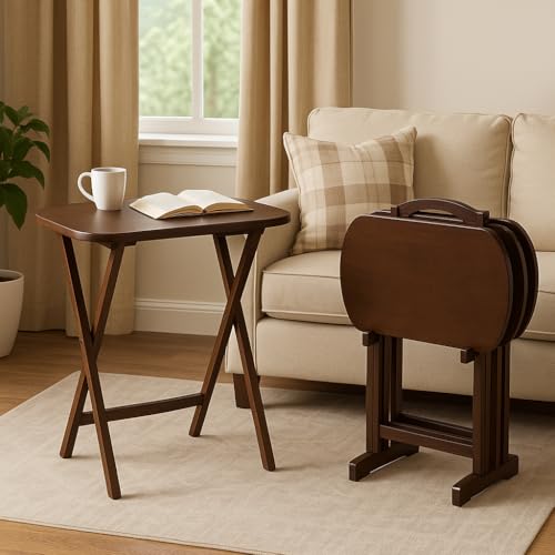 Ergode Corbett Brown Folding TV Tray Table Set with Storage Stand - Stylish Antique Walnut Design, Easy Maintenance, Ideal for Dining, Serving, and Work - Compact & Portable Rectangular Shape