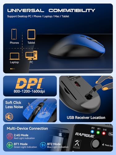 RAPIQUE Bluetooth Wireless Mouse - Dual Bluetooth & 2.4 GHz,Gradient Blue | Comfortable Grip, Quiet Clicks, Low Power - 3-Device Switching mouse for Laptop, PC, Mac, Tablet and Computer - color: Gradient Blue