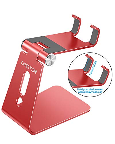 OMOTON C2 Adjustable Aluminum Cell Phone Stand with Charging Cutout, Red | Sturdy 3mm Aluminum, Charging Port, 270° Adjustable, Non-Slip Silicone Pads, Works with Thick Cases, for All Smartphones - color: Red