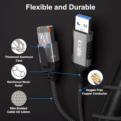 Kxable Slim USB to Ethernet Cable 10 FT, USB 3.0 A to RJ45 Thin Cord, Directly Connected, Aluminum, Braided, OFC, USB to RJ45 Gigabit LAN Network Cable for Laptop, PC, Switch and More, OD: 3.6mm - size: 10 Feet, style: USB A to Ethernet
