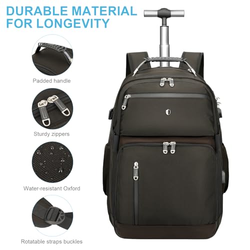 Backpack with wheels,rolling backpack with 2 Packing Cubes,compression bags for travel,Water-Resistant Carry-On Luggage,Business and Commuting (Brown) - color: Brown
