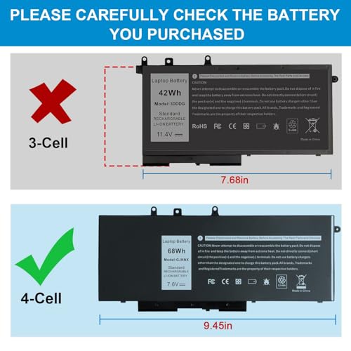 GJKNX 68WH 7.6V Battery Replacement For Dell Latitude 5480 5580 5490 5491 5580 5590 5591 5280 5288 5488 5491 5495 E5480 E5580 E5490 E5590 Precision 3520 3530 Series GD1JP 0GD1JP DY9NT 5YHR4 451-BBZG - size: GJKNX 10.83 * 5.12 * 0.73 in