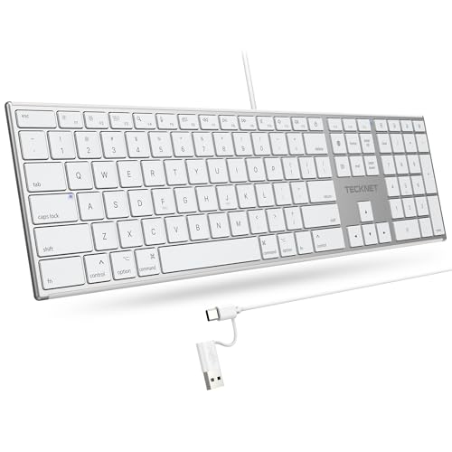 TECKNET Wired Keyboard for Mac, USB & Type-C Dual Interface, Silent Click | Ultra-Slim Keyboard, Full Size with Numeric Keypad, Compatible with Apple MacBook Pro/Air, iMac Pro/mini - color: Sliver and White