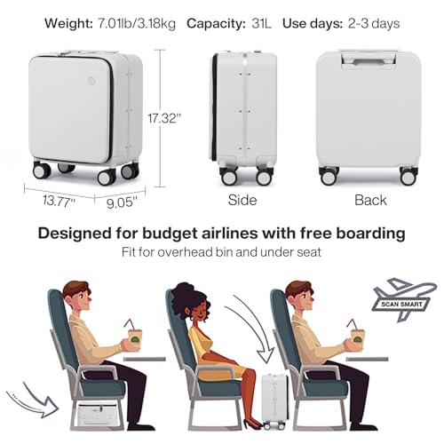 mixi 17x14x9 Carry On Luggage Underseat PC Hard Shell Suitcase Top Opening Aluminum Frame Travel Suitcases with Wheels, Smoke White - color: Smoke White, size: 17x14x9 Inch