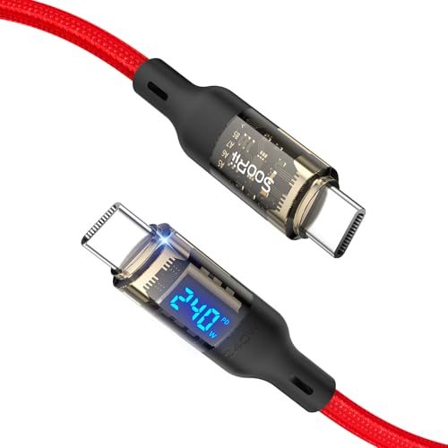 SOOPII USB C to USB C Cable [240W 4ft],Fast Charging USB C Cable with LED Display for MacBook Pro,lPhone16/15/15Pro/15ProMax,Galaxy S23+/S23 Ultra/S22 Ultra,etc.,Transparent Shell(Red) - color: Red, size: 4FT