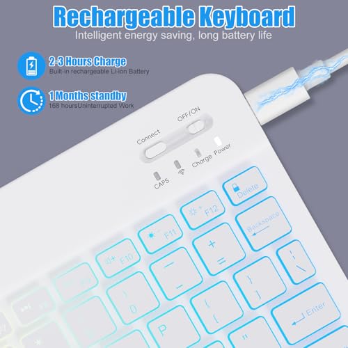 Lightup Wireless Bluetooth Keyboard for iPad Air/Pro/Mini, iPad A17, A16, M2, M3, M4, M5, MacBook, Chromebook etc. Rechargeable Slim Portable, IOS Windows Android Lighting Tablets Keyboard - Black - color: White