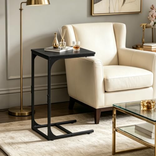WLIVE C Shaped End Table, Small Couch Side Tables with Metal Frame, Sofa Table TV Tray for Living Room, Bedroom, Relief Black - color: Relief Black
