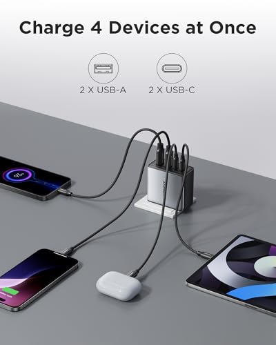 PISEN 65W USB C Charger - 4-Port GaN Fast Charging Block Type C Charger Fast Charging Wall Plugs with 4FT C to C Cable for MacBook Pro/Air, iPhone 16/15/14, iPad Pro, Galaxy S24, Pixel 8, Steam Deck