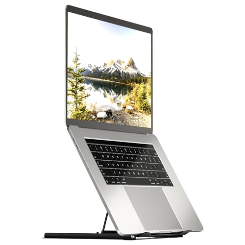 Mount-It! Laptop Stand for Desk, Adjustable Height Steel Laptop Riser for 10–15 Inch Laptops & Tablets, Foldable Portable Laptop Stand with Ventilated Cooling Design, Ergonomic Computer Stand, Black