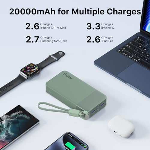 NOBIS Portable Charger 20000mAh 90W Power Bank w/Detachable Cable | 2C+2A USB-C Fast Charging Battery Pack with LED Display,Battery Bank for Laptops, Tablets, Phones and Steam Deck - color: Green