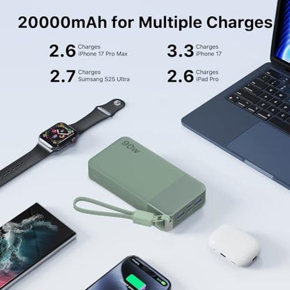 NOBIS Portable Charger 20000mAh 90W Power Bank w/Detachable Cable | 2C+2A USB-C Fast Charging Battery Pack with LED Display,Battery Bank for Laptops, Tablets, Phones and Steam Deck - color: Green