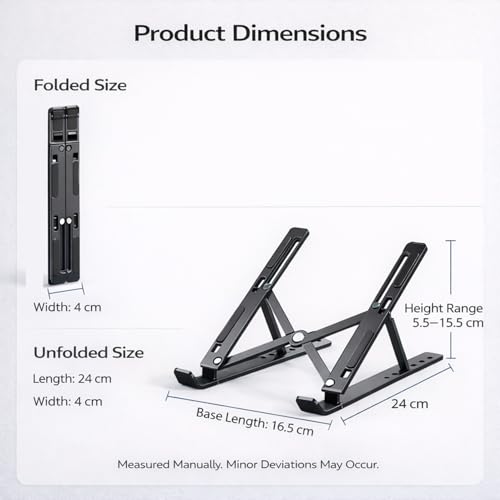 Portable Foldable Laptop Stand for Travel, Adjustable ABS Laptop Stand with Silicone Pads for 10–15.6 Inch Laptops (Black)