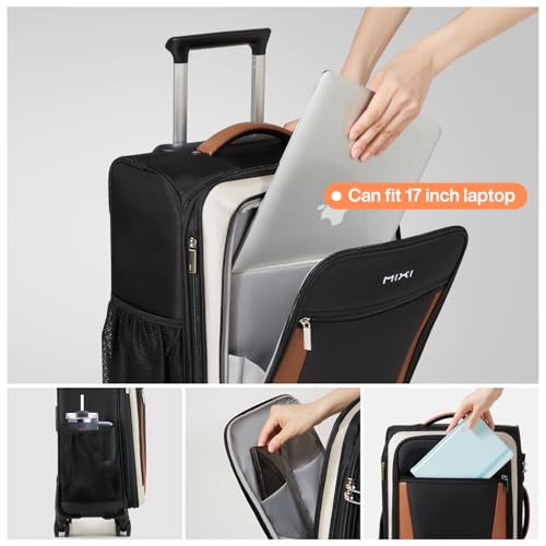 mixi Carry On Luggage 20 Inch Softside Suitcase, Black-Off White | Front Pocket, 22x14x9 Airline Approved, Rolling Spinner Wheels, TSA Lock, Lightweight - color: Black-Off White