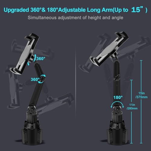 Cup Holder Car Tablet Mount for Truck, 360° Adjustable 15" Long 2-Arm Stand Holder for iPad Pro 12.9/11/10.5/9.7/Air/Mini 6/5/4, Galaxy Tab/Z Fold 6/5/4, iPhone 17/16/Pro, 4.7-12.9" Tab &Phone - size: 15"