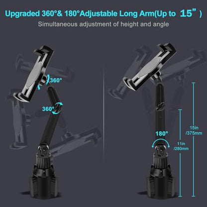 Cup Holder Car Tablet Mount for Truck, 360° Adjustable 15" Long 2-Arm Stand Holder for iPad Pro 12.9/11/10.5/9.7/Air/Mini 6/5/4, Galaxy Tab/Z Fold 6/5/4, iPhone 17/16/Pro, 4.7-12.9" Tab &Phone - size: 15"