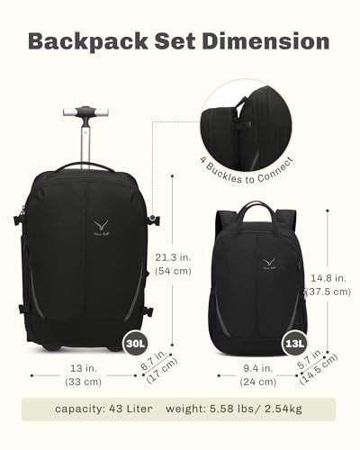 2 in 1 Travel Backpack Set Rolling Backpack with Wheels Carry on Luggage 43L with Personal Item Bag for Men Women 17 inches Laptop Backpack Jet Black - color: Jet Black