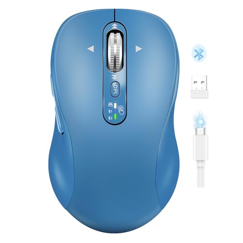 Wireless Bluetooth Mouse Rechargeable,USB+BT×2,Multi Device Quiet Ergo Computer Mouses,Metal 4-Way Super Scrolling,± 3200 DPI,10 Button,Plug&Play,Cordless Mice for Laptop,Tablet,Mac,iPad,PC,Phone-Blue - color: Blue-Regular