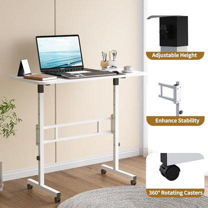 Panana Small Standing Desk Adjustable Height, Mobile Rolling Stand Up Desk with Wheels, 32 Inch Portable Rolling Desks Computer Office Workstations Walking Pad (White) - color: White