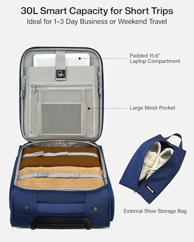 Hanke Underseat Carry On Luggage with Wheels, 17 Inch Rolling Bag, Blue | Fits 15.6 Inch Laptop, Shoe Bag Included, Small Suitcase, Softside, Trolley Sleeve, Water-Resistant, 30L Personal Item - color: Blue, size: 17 Inch Underseat Plus