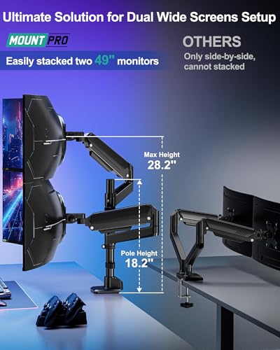 MOUNT PRO Dual Monitor Arm for Max 49" Ultrawide Screens up to 44 lbs, Heavy Duty Extra Tall Monitor Desk Mount, Vertical Stacked Adjustable Dual Monitor Mount, VESA Mount 75x75mm/100x100mm - size: Max 49" Gas Spring