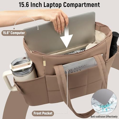Puffer Tote Bag with Large Cup Holder& 15.6 Inch Laptop Compartment, Lightweight Puffy Work Bag with Water Bottle Pocket, Large Laptop Tote with Clutch Purse for Women Teacher Nurse (Brown) - color: Brown