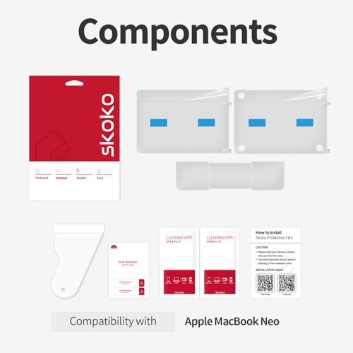 skoko Invisible Matte Transparent Skin Compatible with MacBook Neo 13 Inch Model A3404 Top & Bottom & Palmrest & Trackpad, Similar to Screen Protector TPU, Film Cover