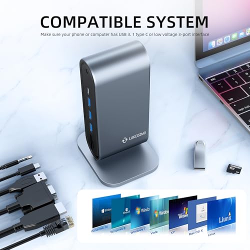 LUKCOZMO USB3.0 Universal Docking Station with 100W Charging, Dual Monitor for Windows and Mac, USB 3.0 or USB-C (HDMI, 1x USB-C, 4X USB3.0,VGA1080P, Ethernet, Audio, TF/SD Card Reader)