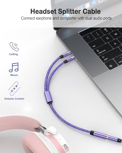 3.5mm Audio Splitter for Headphones and Microphone (Purple) | 3.5mm Female to 2 Male, Headset to PC Adapter, Y Splitter Cable Adaptor, Gaming & Office, PS5, Xbox, Switch, Laptop, Tablets