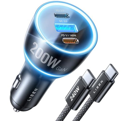 LISEN 200W Car Charger USB C Fast Charge [GaN] PD 140W Fast Car Charger | USB C, Cigarette Lighter Adapter for Multi Device, for iPhone 17 16 15 14 13 12, MacBook Pro, Laptop, iPad, Samsung S26 S25