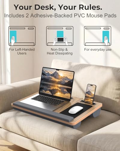 Potuopy Lap Desk - Up to 17” Laptop with Wrist Rest, Portable Handle, 2 Self-Adhesive PVC Mouse Pads, Tablet & Phone Slots, Laptop Stand for Bed with Cushion (Dark Brown Woodgrain) - color: Dark Brown Woodgrain