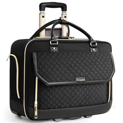 Arcoyard Rolling Laptop Bag Women, Rolling Briefcase for Women for Work, 17 Inch Computer Bag with Wheels, Fashion Flap Laptop Bag With Wheels for Work Business, TSA Friendly Design, Black - color: Diamond Black / Gold Telescopic Handle, size: 2 Wheels /
