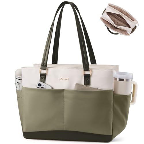 LOVEVOOK Laptop Tote Bag for Women with 3 Separate Pocket Work Bag with Large Cup Holder Computer Briefcase for Teacher Nurse - color: White-green, size: 15.6 Inch