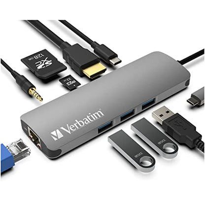 Verbatim 9-in-1 USB C Hub Adapter - 100W Power Delivery, USB 3.0, SD Card Readers, Gigabit LAN, 3.5mm Port for USB C Laptops - color: 9 in 1 Hub
