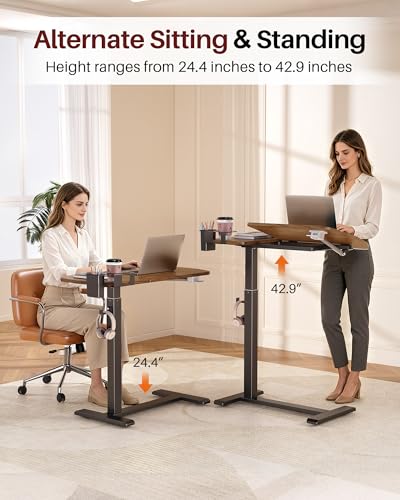 Overbed Bedside Table with Wheels, Pneumatic Adjustable Overbed Table, Tilting Desktop Mobile Standing Desk with Cup Holder/ Pen Holder, Rolling Laptop Desk for Bed, Sofa, or Hospital Use (Walnut) - color: Walnut