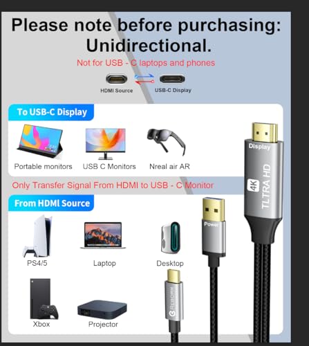 Reborn HDMI to USB C Cable Adapter [6FT 4K@60Hz], Uni-Directional HDMI (Source) to USB-C (Monitor) with USB Power for AR Glasses XREAL One、Air 2 Pro/VITURE Pro/RayNeo Air 2s,PS5,Portable Monitors - size: 6FT