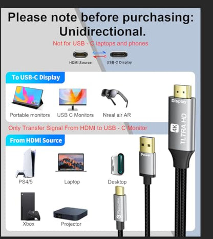 Reborn HDMI to USB C Cable Adapter [6FT 4K@60Hz], Uni-Directional HDMI (Source) to USB-C (Monitor) with USB Power for AR Glasses XREAL One、Air 2 Pro/VITURE Pro/RayNeo Air 2s,PS5,Portable Monitors - size: 6FT