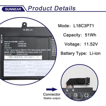 L18C3P71 L18C3P72 Battery for Lenovo ThinkPad T490 T14 P14S P43S | 11.52V 51Wh; for Lenovo ThinkPad T495; L18L3P73 L18M4P73 L18M3P73 L18M4P74 L18M3P74 02DL007 SB10T83122 5B10W13877 SB10K97645 - size: 12.17*5.75*1.26 inches L18C3P71