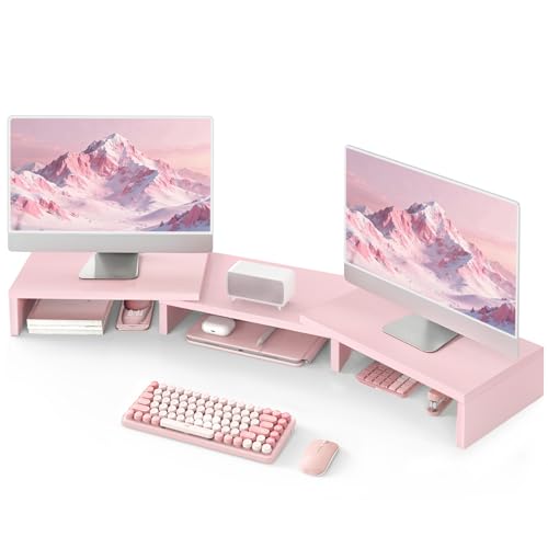 TAVR Dual Monitor Stand Riser, Wooden Computer Monitor Stand for 2 Monitors | Extra Long Multifunctional Desktop Organizer Riser for TV, PC Monitor, Laptop, Printer, Max 43.3" Length, Pink - color: Pink